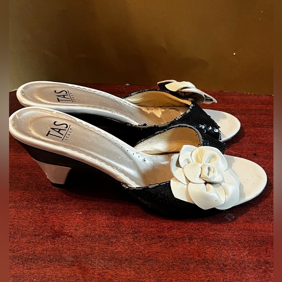 TAS ITALY sequin leather open toe Bowed kitten heel - Picture 6 of 8